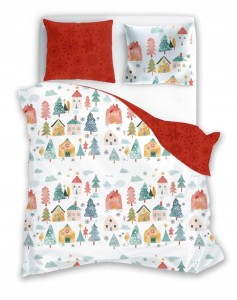 POŚCIEL bawełniana ŚWIĄTECZNA DOMKI 220x200 2x 70x80 komplet 3 częściowy