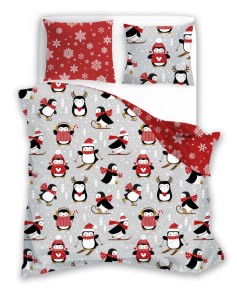 POŚCIEL bawełniana ŚWIĄTECZNA PINGWINY 220x200 2x 70x80 komplet 3 częściowy