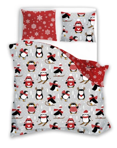 POŚCIEL bawełniana ŚWIĄTECZNA PINGWINY 220x200 2x 70x80 komplet 3 częściowy