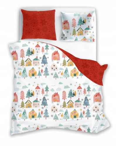 POŚCIEL bawełniana ŚWIĄTECZNA DOMKI 160x200 2x 70x80 komplet 3 częściowy