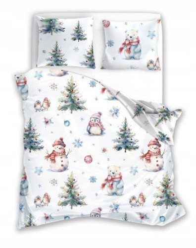 POŚCIEL bawełniana ŚWIĄTECZNA 140x200 70x90 choinki bałwany misie pingwiny